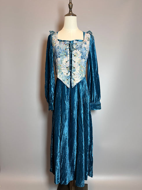 Gothic Blue Medieval Velvet Dress with Floral Corset and Long Sleeves – Gothic Medieval Dress Plus Size